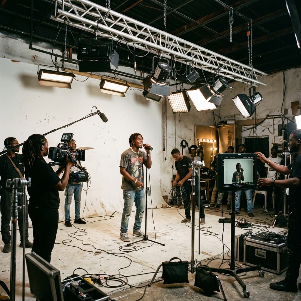 Artist performing in YMA Studios with cyclorama backdrop