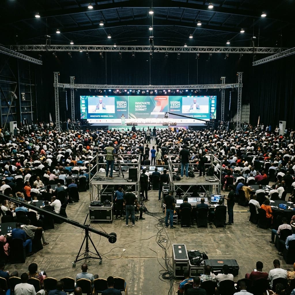 Full conference setup at Multimedia Hub with LED screens