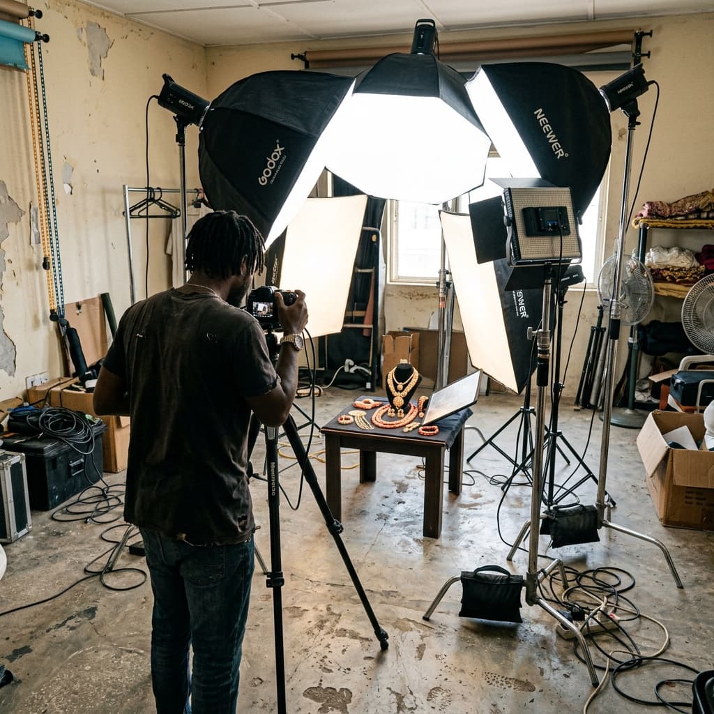 Close-up product photography setup with ring light