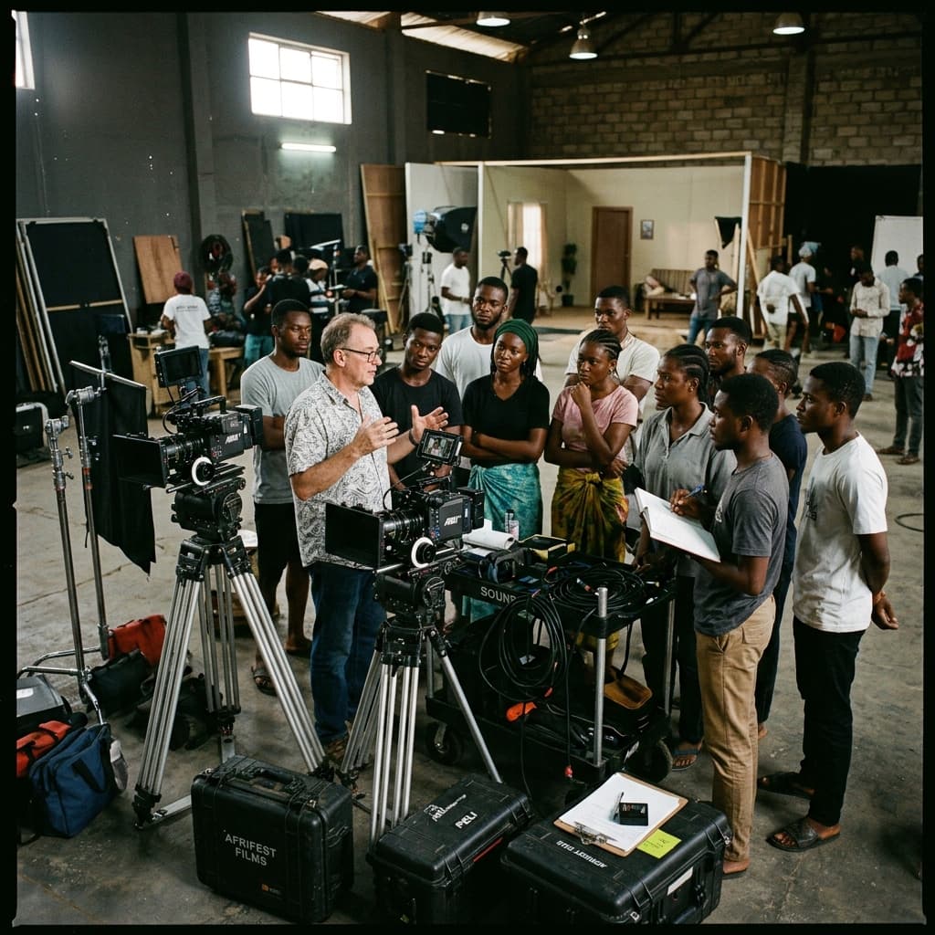 Workshop participants practising with professional cameras